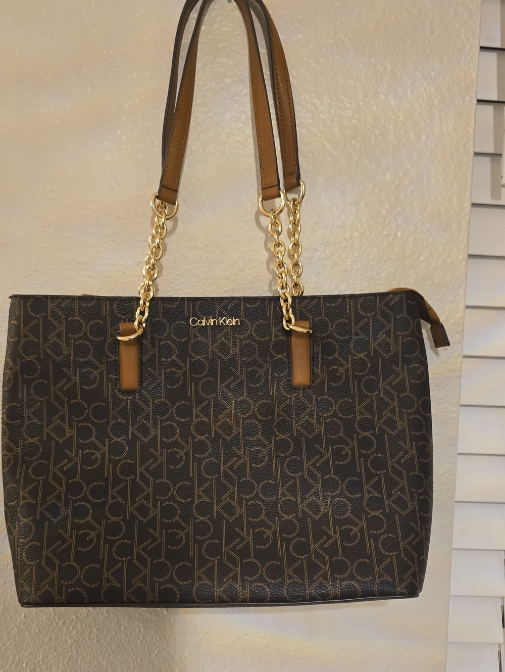 Calvin Klein Dark Brown Monogram Tote with Gold Chain Handles